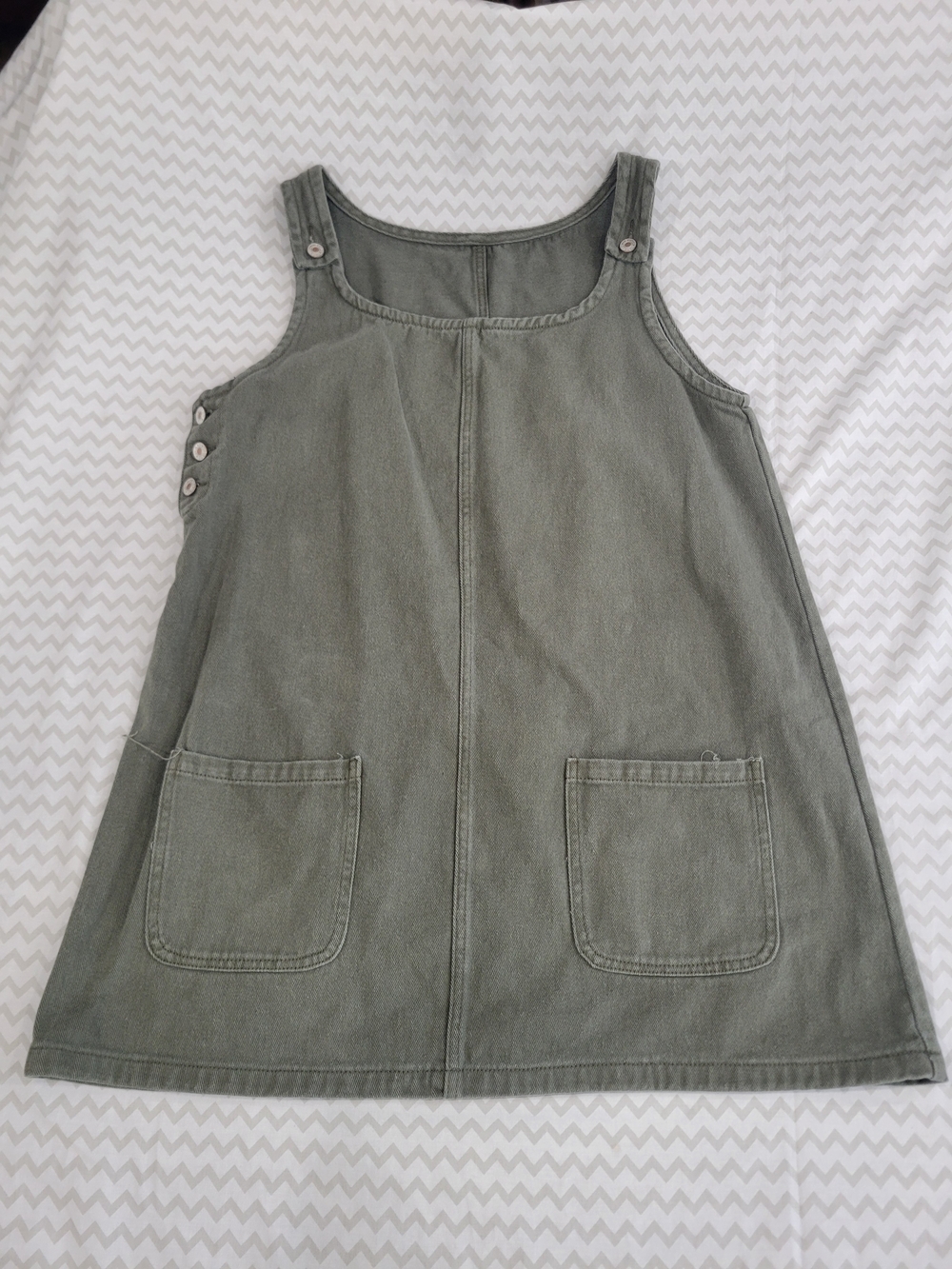 Denim Overall Pinafore Dress Women's Size XL Army Green Side Button Mini